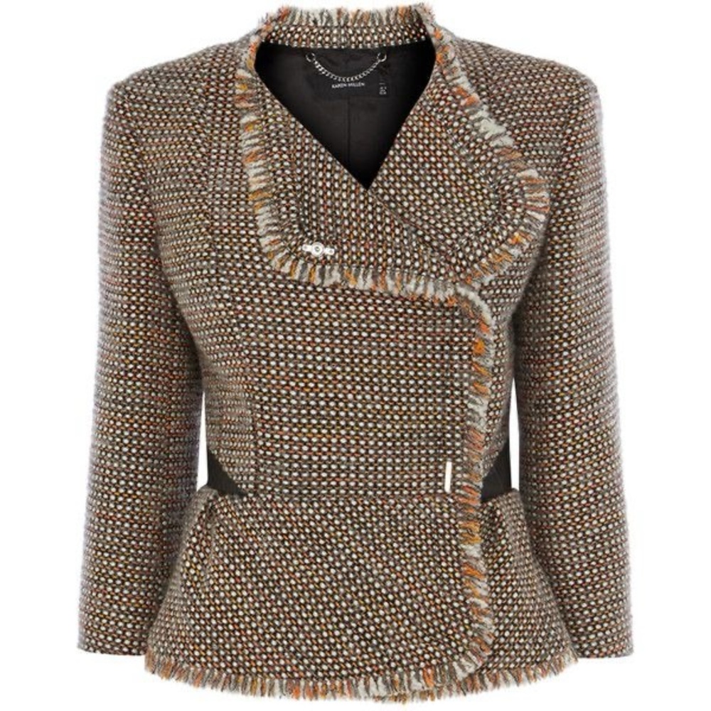 Karen Millen Brown Tweed Fringe Peplum Blazer